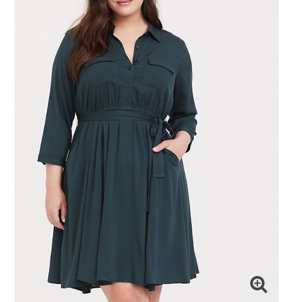 Green Challis Self-Tie Shirt Dress